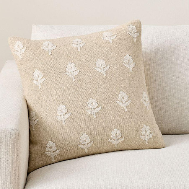Posey Embroidered Pillow Cover, Flax/Ivory, 20"