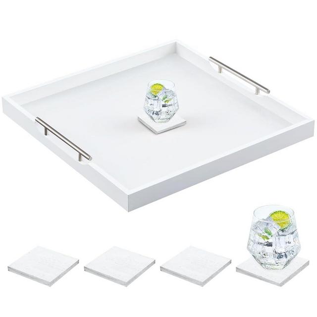 Remagr Large Square Ottoman Tray 24 x 24 x 2 Inch Wood Serving Tray with 4 Coasters and Metal Handles for Food Coffee Tea Table Sofa Living Room Home Housewarming Gift(White)