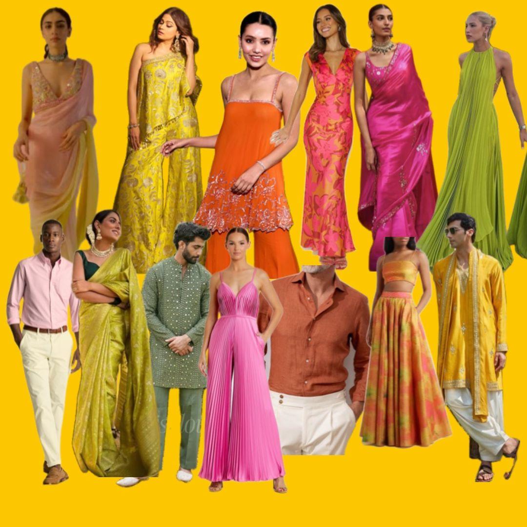 For the Maticoor & Mendhi Party, attire can range from short to long dresses, dressy jumpsuits, dress shirts, Indian, or fusion attire in BRIGHT, vivid colors, such as yellow, orange, pink, lime, etc.