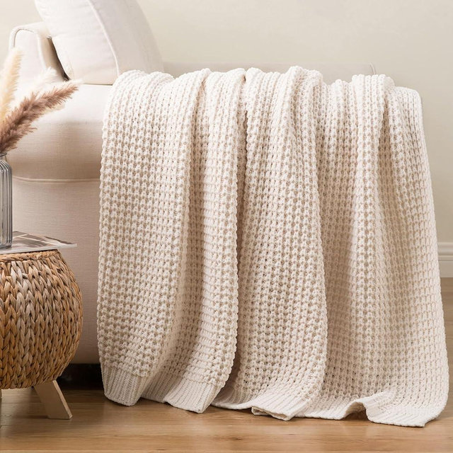 Bunnikins & Clover Cream White Throw Blanket for Couch, Waffle Ivory Throw Blanket for Bed, Warm Decorative White Blanket Throw for Home Decor, 50"x60"