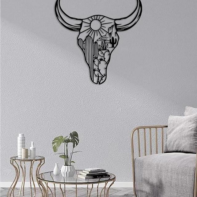 RESACO Cow Skull Metal Wall Art Cactus Wall Decor Western Longhorn Home Decoration Desert Wall Sculptures for Bathroom Bedroom Living Room Indoor or Outdoor (Black 13in x13in)