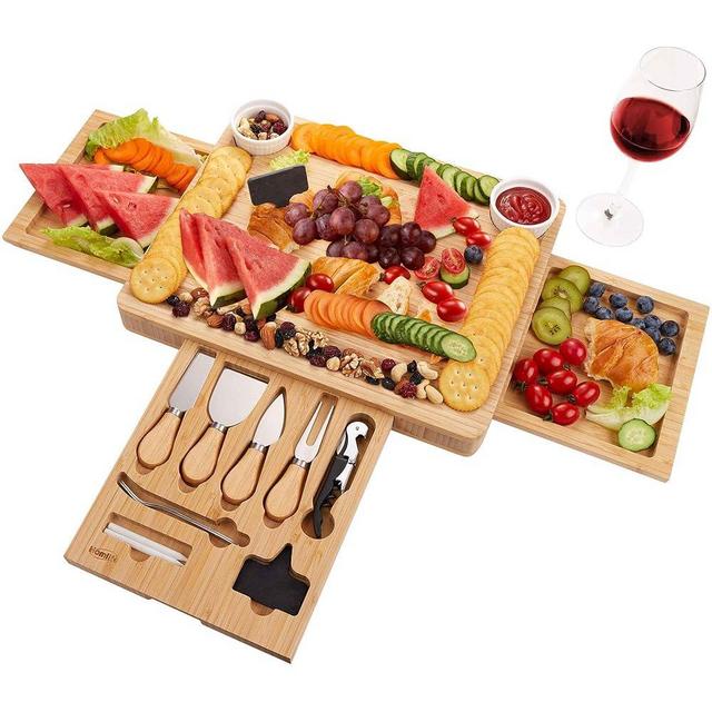 Homlife Charcuterie Boards Set: Large Bamboo Cheese Board - House Warming and Wedding Presents - 4 Cheese Knives, 2 Ceramic Bowls, 1 Wine Opener