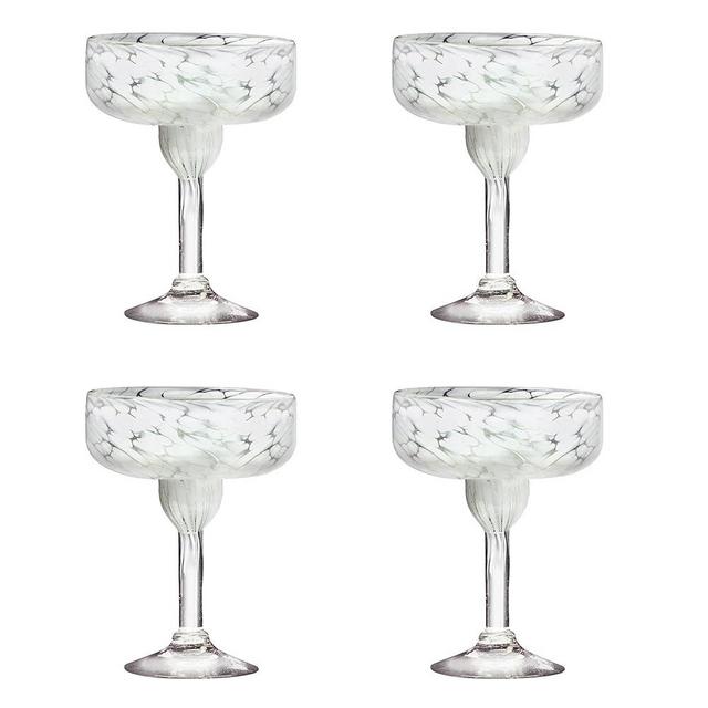 Amici Home Carmen Margarita Glass | Set of 4 | Authentic Mexican Handmade Glassware | Bar Glasses for Cocktails, Pina Coladas, Other Beverages | White Marble Design | 15 Oz
