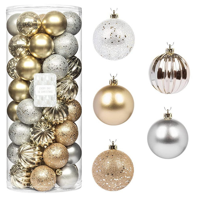 Every Day is Christmas 50ct 57mm/2.24" Christmas Ornaments, Shatterproof Christmas Tree Ornaments Set, Christmas Balls Decoration (Gold & Silver)