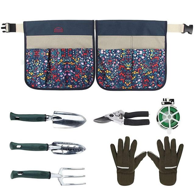 Garden Tools Set, 9 Piece Gardening Organizer Kit with Apron Bags, Heavy Duty Aluminum Planting Tool,Gloves, PVC Coated Binding Wire and Pruner, Great Gift for Women & Men Mothers' Day.Blue Flower