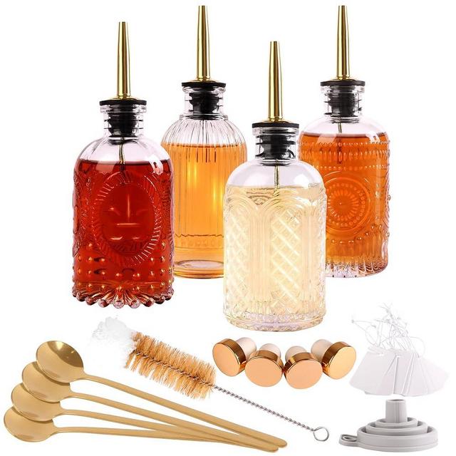 Furnizone Coffee Syrup Dispenser, Glass Syrup Dispenser Simple Syrup Bottles 4 Pack 7oz with Metal Pour Spouts, Stopper Corks, Tea Spoons, Vanilla Caramel Syrup Honey Dispenser for Coffee Bar