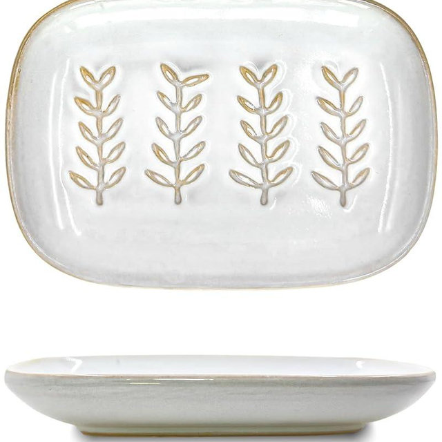 HighHerz Aesthetic Ceramic Soap Dish for Shower, Soap Holder with Raised Relief, Shower Soap Dish for Shampoo Bar Or Sponge, Soap Saver for Bathroom, Kitchen, Sink, Decorative Soap Tray (White)