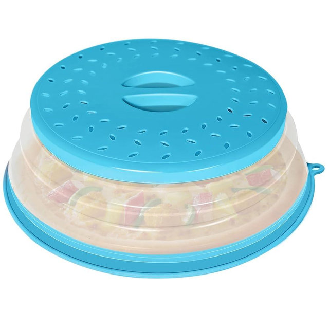 CasaCulina Collapsible Microwave Splatter Cover for Food, Vented Microwave Lid with Hook Hole, Splatter Guard for Plate Dish Bowl, Vegetable Fruit Colander Multi-function Kitchen Gadget (Blue)