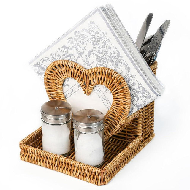 Handmade Rattan Napkin Holder with Salt & Pepper Shaker and Silverware Holder, Tabletop Organizer for Kitchen, desk organizers and storage, Utensil Holder for Party