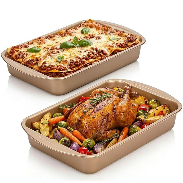 Proigtz 9x13 Nonstick Baking Pan 2 Pack – Heavy-Gauge Carbon Steel Cake Pan，Warp-Resistant & PFOA Free, Even Heating for Lasagna, Sheet Cake, Brownies & Meal Prep, Wide Handles Golden