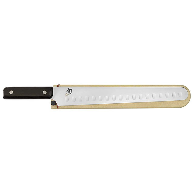 Shun Cutlery Classic 12” Hollow-Ground Brisket Knife; High Performance, Razor-Sharp Steel Blade Holds an Edge While Trimming and Slicing Larger Meat Cuts; Handsome PakkaWood Handles; Wooden Sheath