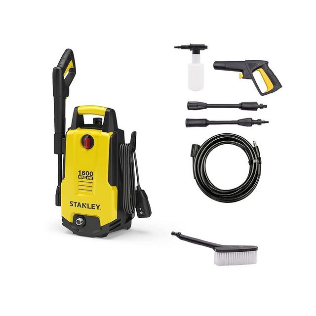 Stanley SHP1600-BNDBRS, Includes SHP 1600 Electric Pressure Washer With Fixed Cleaning Brush & Adapters. 1600 PSI, 1.3 GPM, Strong Cleaning Bristles, Low Pressure Brush, Trigger Gun, 20' Hose, 15 lbs