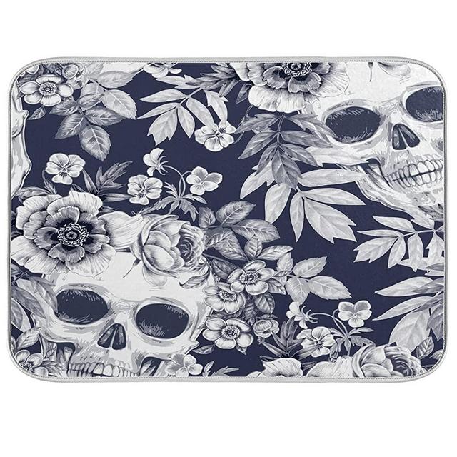 ElliTarr Skull Dark Blue Dish Drying Mat for Kitchen,Microfiber Absorbent Dish Draining Mat, Small Kitchen Drying Mats Heat Resistant Drying Pad for Counter 16 x 18 Halloween