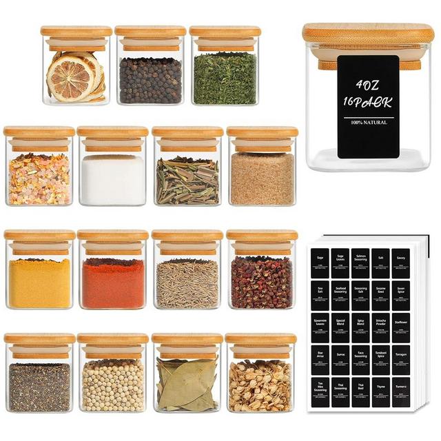 ComSaf 16Pcs Glass Spice Jars with Bamboo Lid, 4oz Airtight Square Spice Containers with 275 Black Lables, Empty Seasoning Jars for Spice Salt Sugar