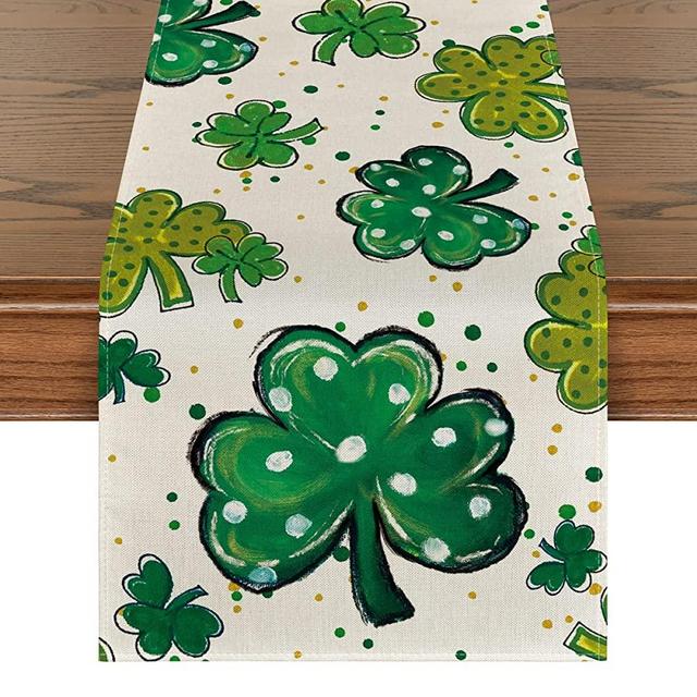 Artoid Mode Watercolor Shamrock St. Patrick's Day Table Runner, Seasonal Spring Holiday Kitchen Dining Table Decoration for Indoor Outdoor Home Party Decor 13 x 72 Inch