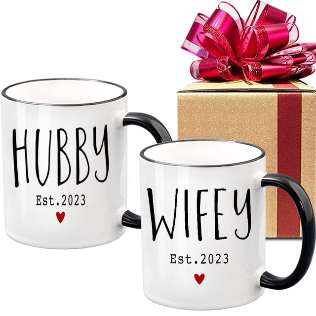 Hubby & Wifey Est 2023 Coffee Mugs Set of 2, Bride Groom Mug Set, Wedding Gift to Give, Couples Coffee Mug Set, Newlywed Coffee Mugs Gift Set, Mr & Mrs Bridal Shower Gift(Black handle)-37