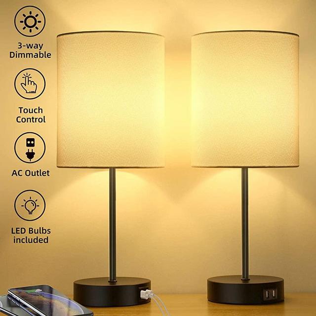 Set of 2 Touch Control 3-Way Dimmable Bedside Table Lamp, 2 USB Charging Ports Nightstand Lamp with 2700K Warm White Bulbs, Round Fabric Shade Modern Desk Reading Lamp for Bedroom Living Room