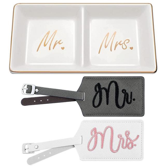 Mr Mrs Ring Dish Ceramic Trinket Tray Wedding Engagement Jewelry Ring Holder with 2 Pieces Mr and Mrs Luggage Tags Faux Leather Travel Tags for Wedding Bridal Shower Honeymoon Newlyweds