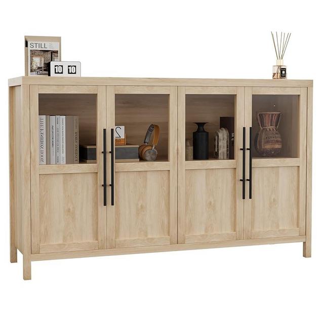 GarveeHome Sideboard Buffet Cabinet with 4 Glass Doors, 55" Large Buffet Cabinet with Storage, Modern Farmhouse Storage Cabinet Table for Kitchen Dining Room, Living Room(Glass with 4 Door, Pear Wood)