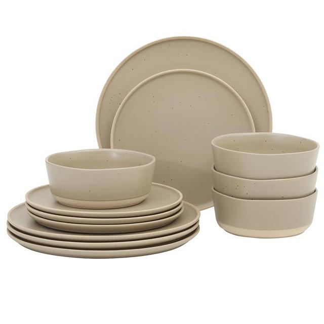Gibson Elite Humphrey Lane 12 Piece (Service for 4) Plates and Bowls Reactive Glaze Dishes Stoneware Ceramic Dinnerware Set - Taupe