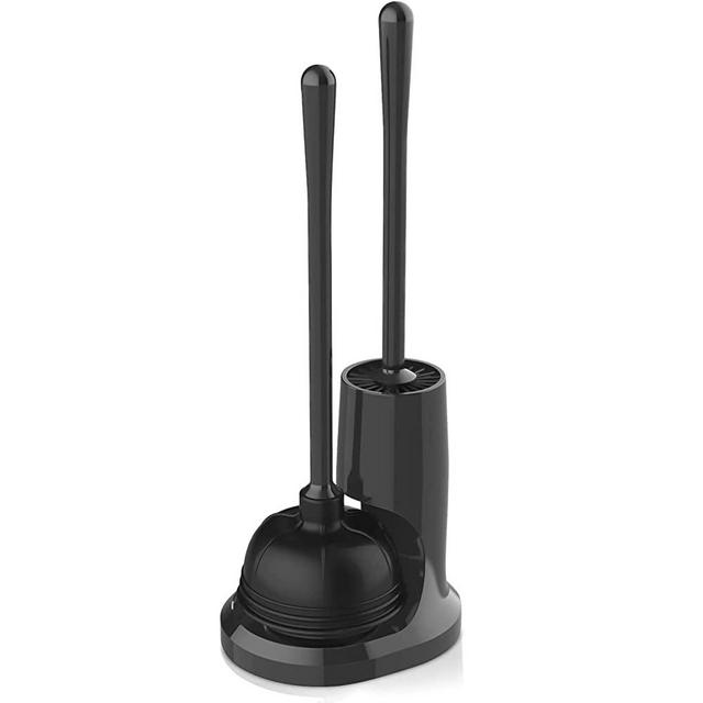 uptronic Toilet Plunger and Silicone Brush, Silicone Brush and Heavy Duty Toilet Plunger Set with Holder, 2-in-1 Bathroom Cleaning Combo with Modern Caddy Stand (Black)