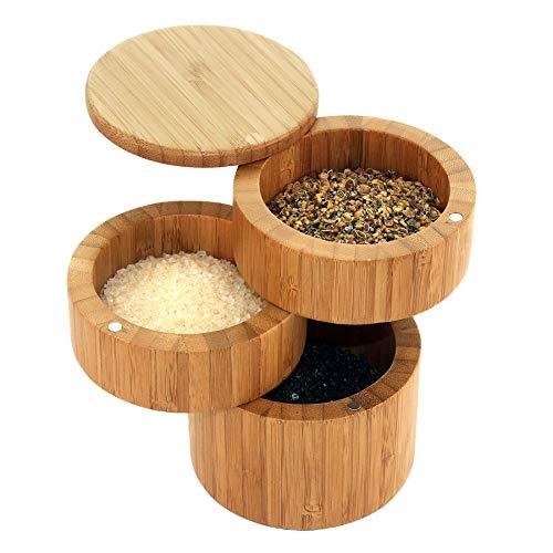 Totally Bamboo Triple Salt Box, Three Tier Bamboo Storage Box with Magnetic Swivel Lids