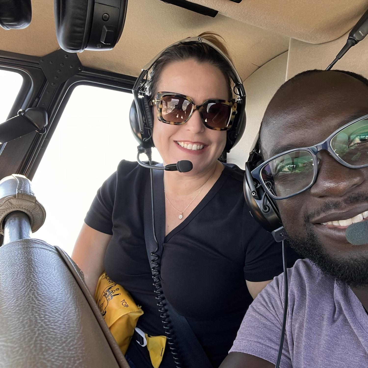 In a helicopter flying over Santa Cruz. A gift from Edwin for Loucy's 40th birthday. August 2023.