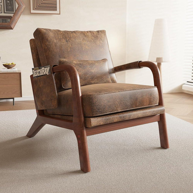 AILIUHUA Mid Century Modern Accent Chair with Pillow & Pocket, Upholstered Armchair with Solid Wood Frame & Soft Cushion for Living Room, Bedroom, Belcony, Sunroom (1, Brown)