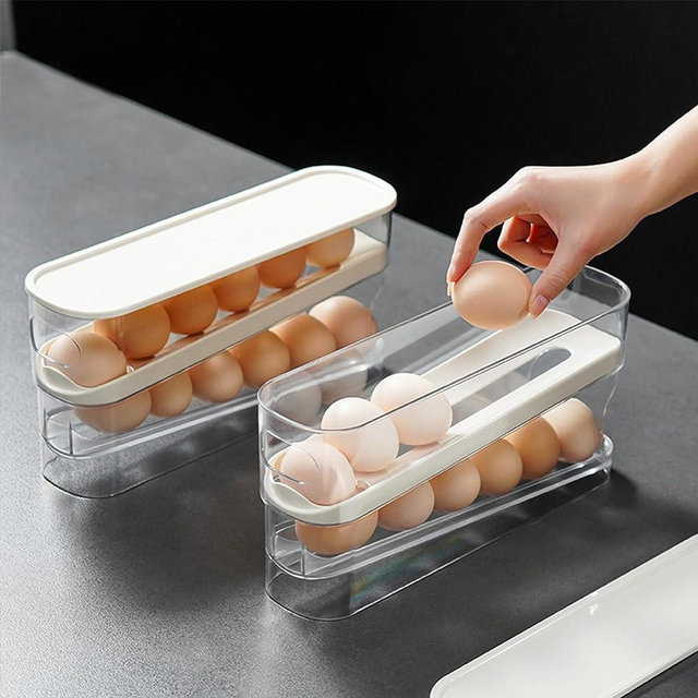Dingerjar Egg Holder for Fridge, Automatic Rolling Egg Container for Refrigerator, Space Saving Eggs Dispenser for Refrigerator Storager，2pcs