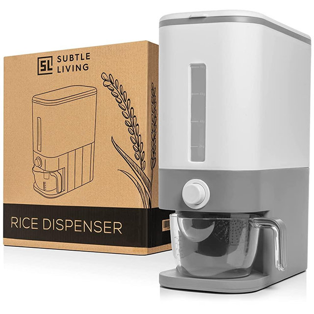 Rice Dispenser - Conveniently Holds 22 lb. Of Rice And Other Small Grains - Automatic Rice Dispensing Bin - A Large Storage Container To Keep Your Kitchen Organized And Save Space