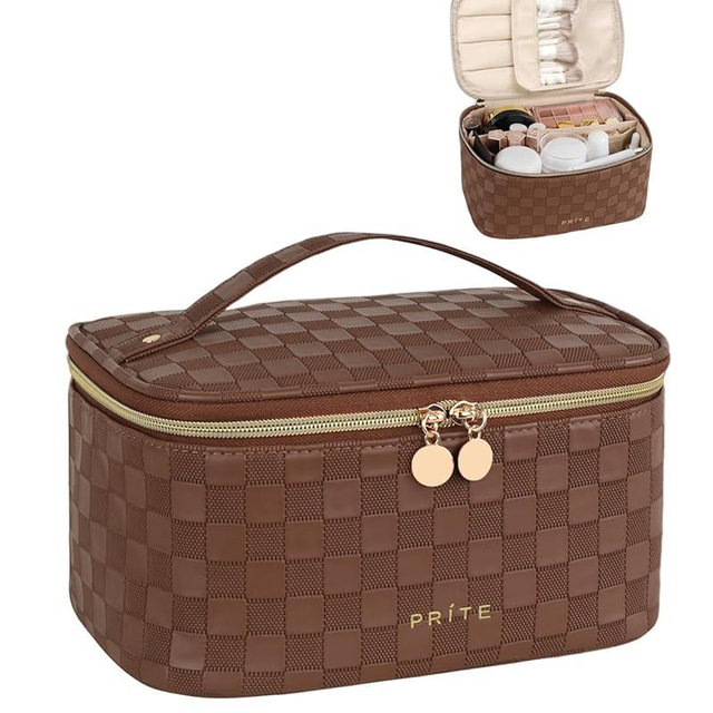 Prite Makeup Bag, Large Capacity Portable Travel Cosmetic Bag, Waterproof Makeup Organizer for Women with Handle and Divider (001 Checkered Brown)