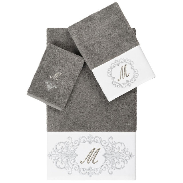 Linum Home Textiles Turkish Cotton Monica Embellished Towel 3 Piece Set - Dark Gray