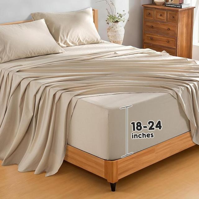 SONORO KATE 100% French Pure Linen Sheets, Extra Deep Pocket up to 18"-24", Breathable and Durable Linen Sheets, Anti-Tear Linen Bed Sheets, Machine Washable - 4 Piece (Natural Linen, Queen(24"deep))