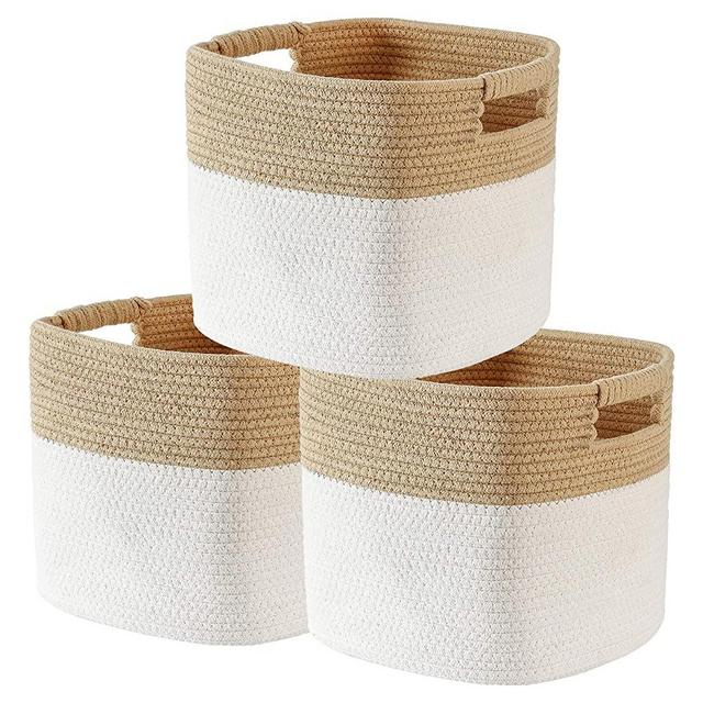 Sunla Cotton Rope Storage Baskets Set of 3 Foldable Storage Baskets, Decorative Storage Woven Basket, with Handles for Clothes, Toys, Books, Makeup, Nursery 10.5"x10.5" X11" Yellow White