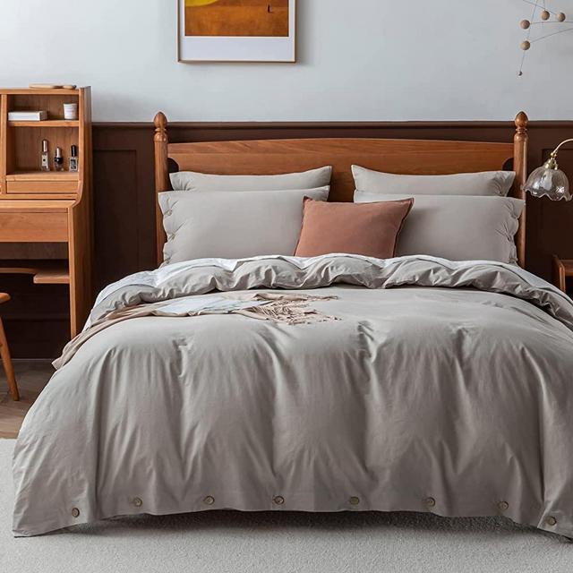 JELLYMONI Linen Grey 100% Washed Cotton Linen Like Textured Duvet Cover Set, 3pcs Luxury Soft Bedding Set with Buttons Closure. Solid Color Pattern Duvet Cover Queen Size(No Comforter)