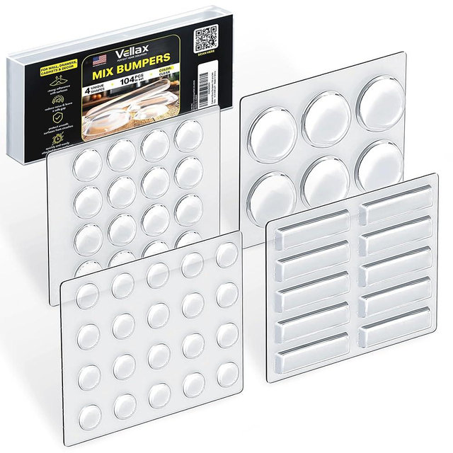 104 Clear Cabinet Bumper Pads – Self-Adhesive Silicone Buffer Set with 4 Shapes for Doors, Drawers & Furniture – Sound Dampening & Surface Protection