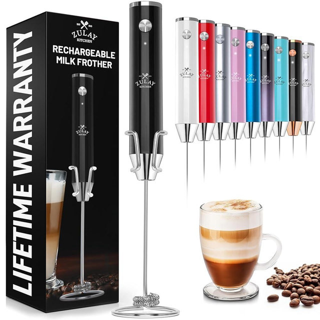 Zulay Kitchen Lux Rechargeable Milk Frother Handheld - Powerful 2-Speed Motor, Fully Waterproof, 2000mAh Battery - Drink Mixer For Latte, Cappuccino, Matcha, Protein Powder - Black
