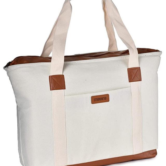 Insulated Grocery Bag with Zippered Top - Thermal Reusable Canvas Shopping Tote for Groceries - Travel Picnic Leakproof Cooler Bags Keep Foods Cold or Hot for Hours - Sturdy Zipper Closure & Pocket