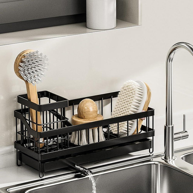 BGRQRIQ Large Sponge Holder for Sink, Stainless Steel Sink Caddy Organizer with Rotatable Spout - Kitchen Sink Organizer for Sponges, Brushes, Detergent & Sink Stopper - Space Saving Home Essentials​