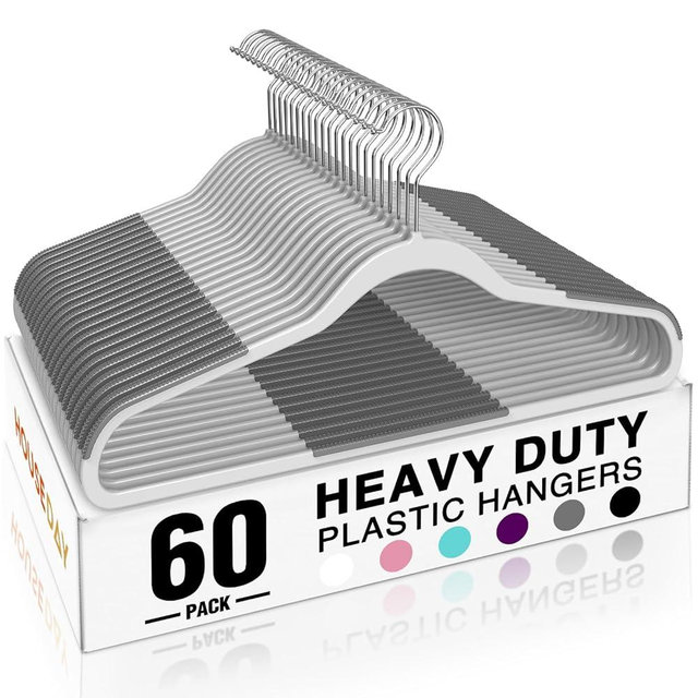 HOUSE DAY Heavy Duty Plastic Hangers 60 Pack, Non Slip Clothes Hangers with Rubber Pads and 360° Hook - Thin 0.2 Inch, Space Saving Coat Hanger Grey, Closet Organizer for Shirt, Pants, Suit, Skirt