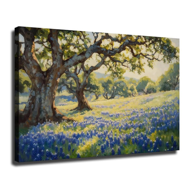 Bluebonnet Meadow Landscape Wall Art, Spring Wildflower Field Painting Wall Decor, Texas Hill Country Nature Decor with Oak Trees Framed Poster for Living Room Ready To Hang (Framed,28×40-inch)