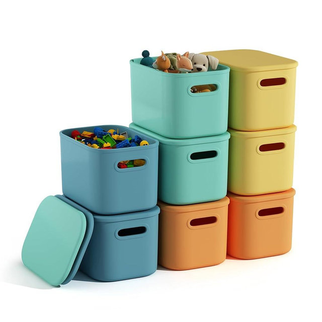 BOBIBOSS 8 Pack Colorful Storage Bins with Lids for Shelves, Classroom Storage Bins, Stackable Colored Bins, Plastic Storage Containers with Lids for Organizing, Storage Boxes for Craft, Art Supplies