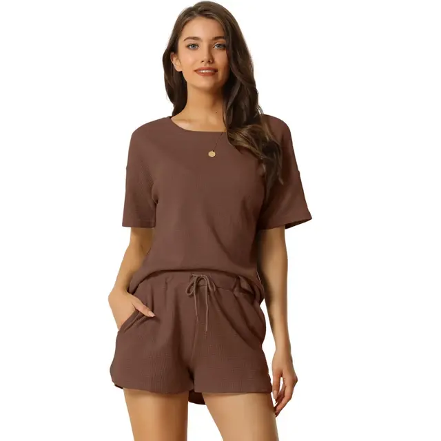 cheibear Women's Casual Pullover Short Sleeve Sleepshirt with Shorts Waffle Pajama Sets Coffee Large