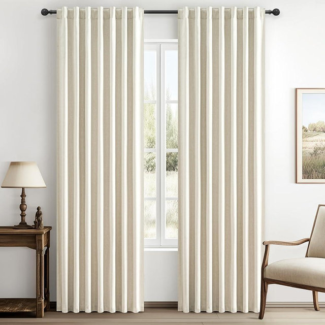 Warm Cream Thick Linen Black Out Curtains 84 Inch Long for Living Room 2 Panels Set, Farmhouse Pleated Room Darkening Window Drapes Insulated Privacy for Kids Bedroom 50"W x 84"L (Rod Pocket Back Tab)