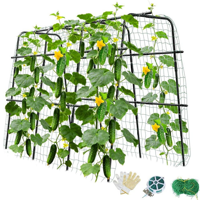 Cucumber Trellis for Raised Bed and Garden, 47" H x 63" W U-Shaped Metal Garden Trellis for Climbing Plants with Nylon Netting, Vegetable Support Frame