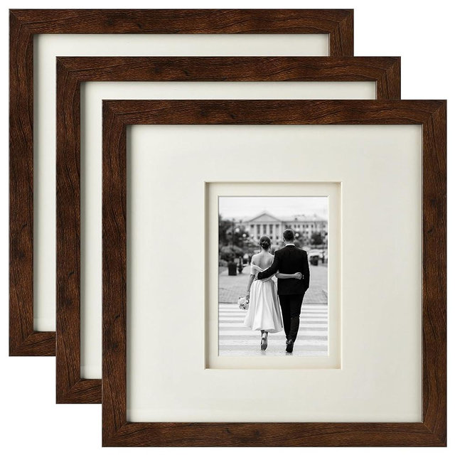 Yaetm 12x12 Square Picture Frame Matted to 5x7, Double Floating Ivory Mat, Brown Wood Grain Photo Frame with Polished HD Tempered Glass, Gallery Wall Art Frame for Wall Mounting, 3 Pack