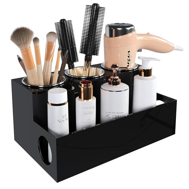 PITBVO Hair Tool Organizer, Black Acrylic Hair Dryer Holder with 3 Cups, Bathroom Supplies Countertop Blow Dryer Holder, Vanity Caddy Storage Stand for Accessories, Makeup, Toiletries
