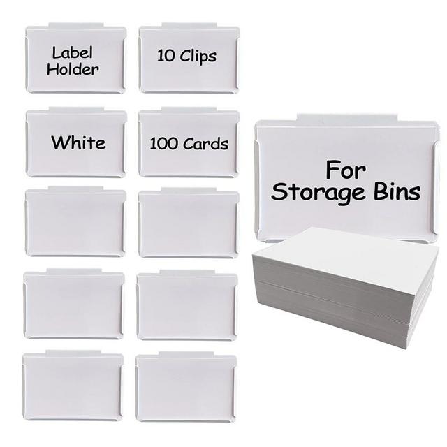 Shelf Label Holders,White Kitchen Organization Clips,Basket Bin Labels Clip on for Office Kitchen Classroom Pantry [10 Pcs Holders and 60 Pcs White Blank Cards]