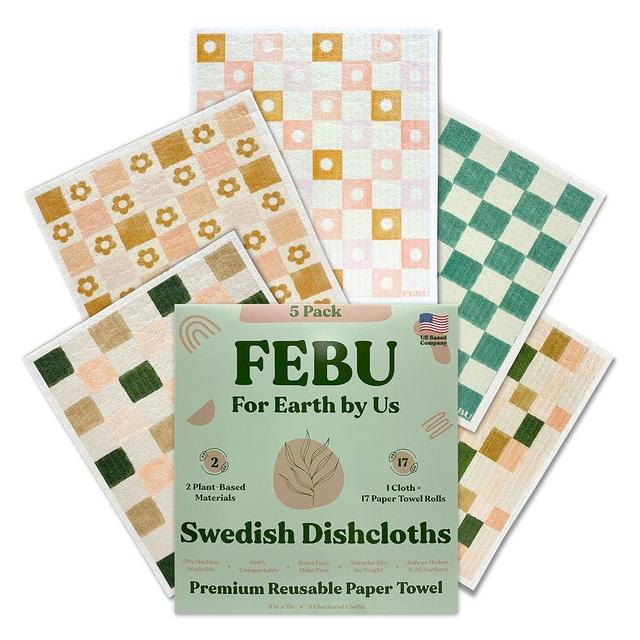 FEBU Swedish Dishcloths for Kitchen | 5 Pack Checkered Reusable Paper Towels | Reusable Paper Towels Washable | Non-Scratch Cellulose Sponge Cloths | No Odor, Biodegradable, Swedish Cloths