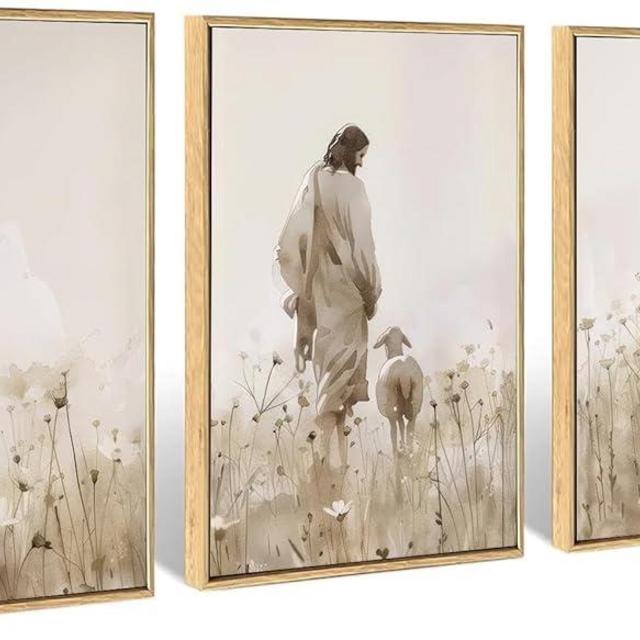 Jesus Wall Art Jesus and Lost Sheep on a Wild Flower Field Wall Decor pictures Christian Shepherd Paintings Artwork Bible Stories Posters Prints for Living Room Church Home Decoration